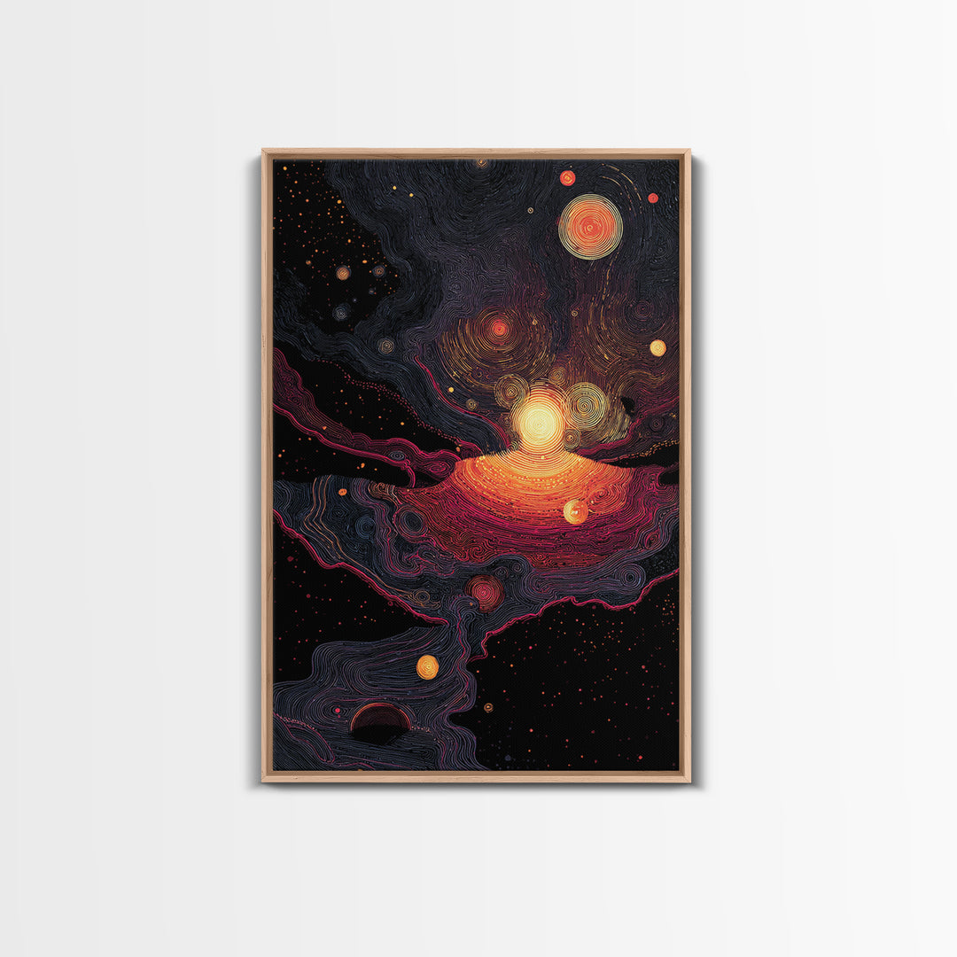 Cosmic Orange Nebula Planets Wall Art, Modern Abstract Art, Retro Sci Fi Decor, Space Poster, Statement Living Room Print