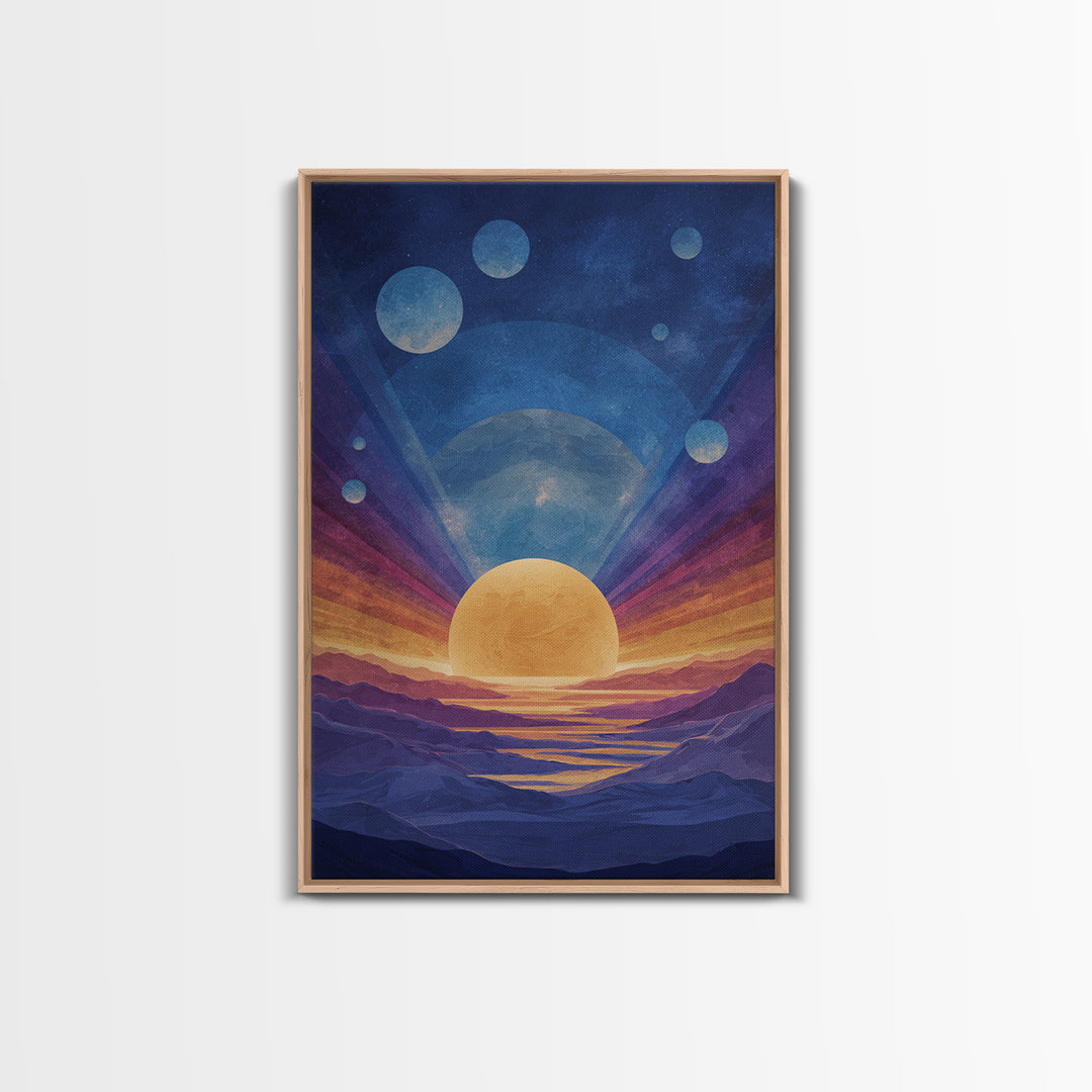 Blue Alien Sunrise Landscape Canvas Print, Modern Abstract Art, Retro Space Poster, Scenic Wall Decor, Bedroom Art Prints