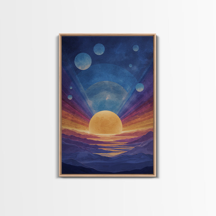 Blue Alien Sunrise Landscape Canvas Print, Modern Abstract Art, Retro Space Poster, Scenic Wall Decor, Bedroom Art Prints