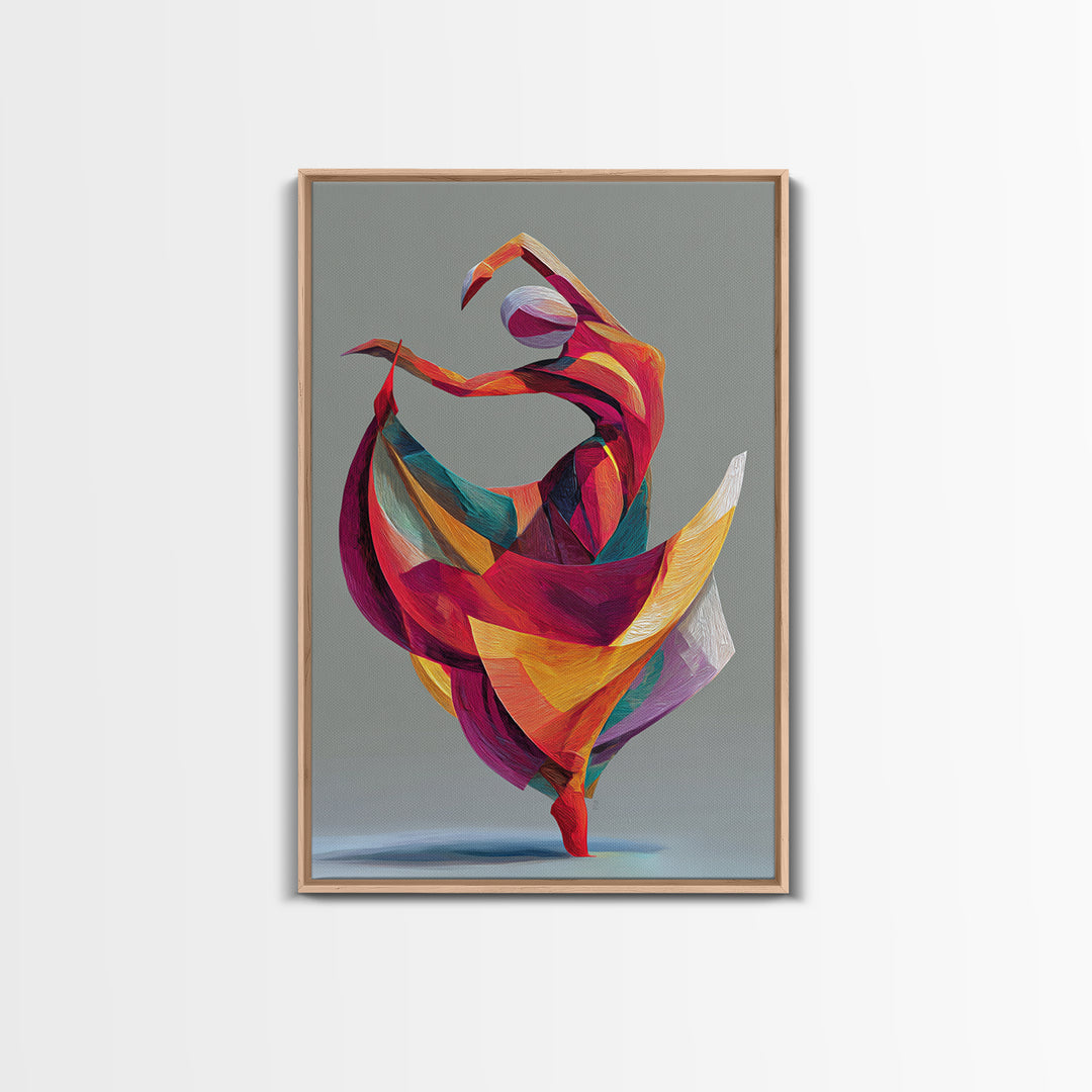 Colorful Geometric Dancer Framed Canvas Print, Modern Abstract Art, Bold MCM Wall Art, Textile Inspired Statement Decor Print