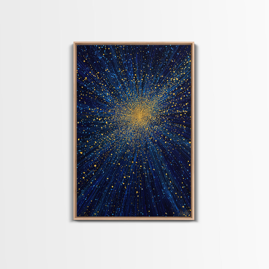 Blue And Gold Starburst Wall Art, Cosmic Particle Explosion, Space Abstract Art, Modern Art Print, Large Living Room Decor