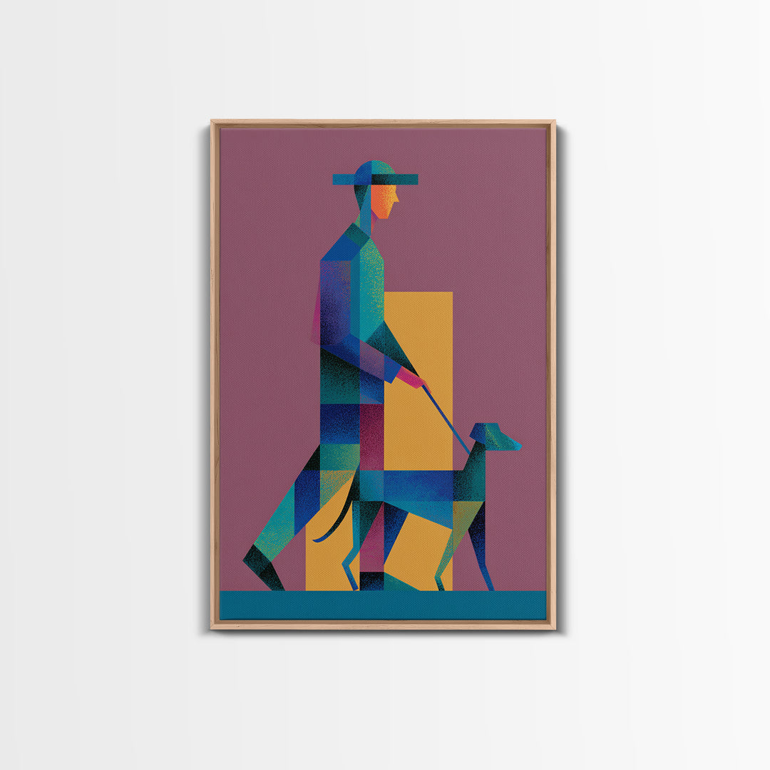Geometric Man Walking Dog Canvas Print, Midcentury Modern Wall Art, Bauhaus Style Poster, Retro Pet Lover Home Decor Gift