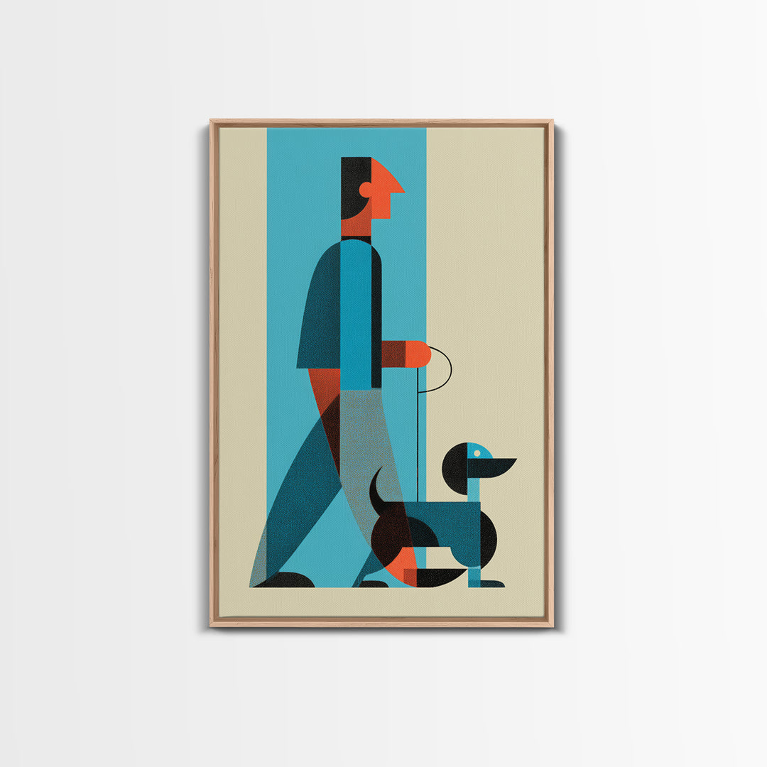 Midcentury Man With Dachshund Wall Art, Geometric Modern Art Print, Retro Dog Walker Poster, Minimalist Home Decor Gift For Dog Lovers