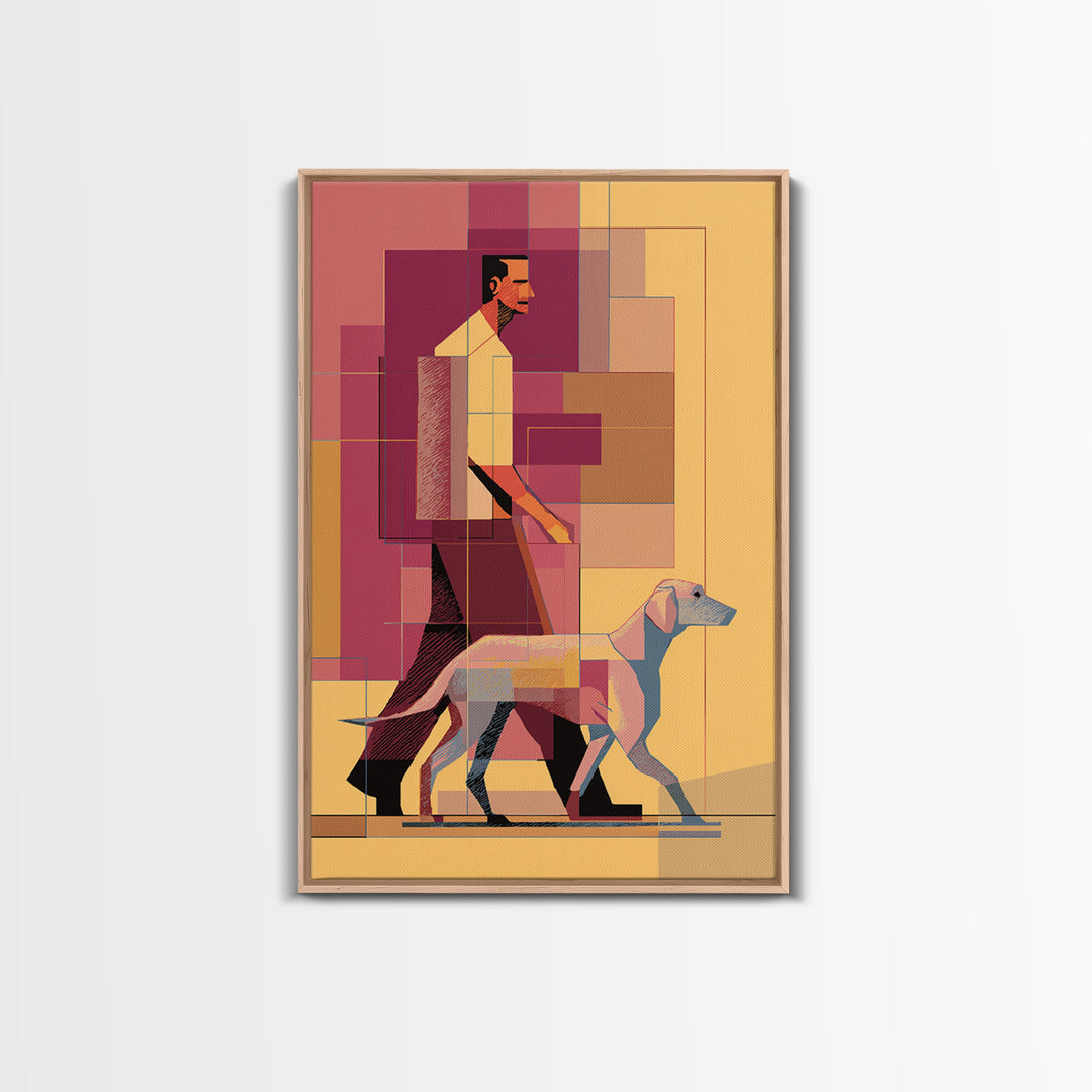 Pastel Man Walking Dog Canvas Print, Midcentury Modern Wall Art, Geometric Pink Orange Poster, Contemporary Pet Decor Gift
