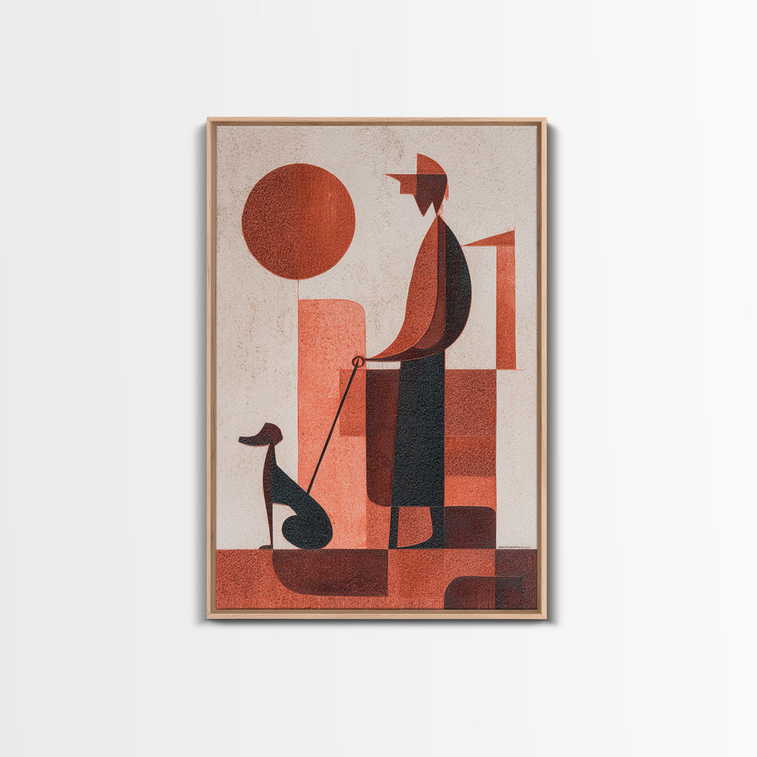 Retro Red Man With Dog Wall Art, Midcentury Modern Art Print, Geometric Sun Poster, Burnt Orange Home Decor Gift For Him