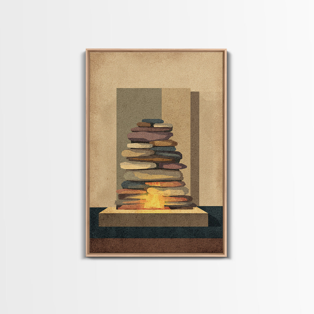 Stacked Stone Hearth With Glowing Fire Wall Art, Midcentury Modern Abstract Print, MCM Decor, Earth Tone Living Room Wall Decor