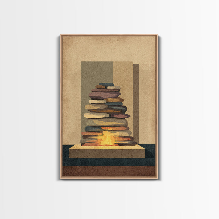 Stacked Stone Hearth With Glowing Fire Wall Art, Midcentury Modern Abstract Print, MCM Decor, Earth Tone Living Room Wall Decor