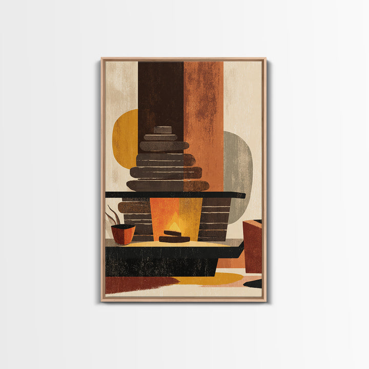 Retro Fireplace And Plant Canvas Print, Midcentury Modern Wall Art, Atomic Ranch Decor, Orange Teal Living Room Poster Prints