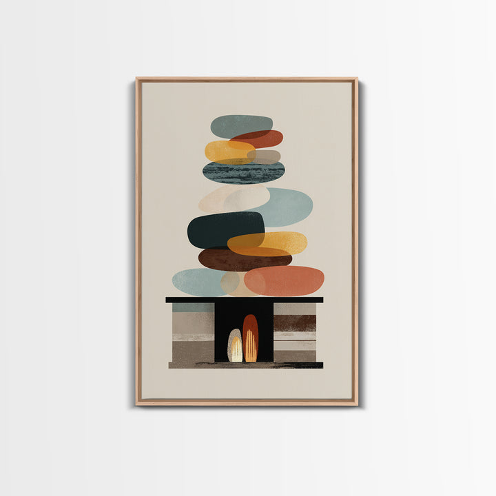 Balanced Pebble Stack Over Fireplace Framed Canvas Print, Midcentury Abstract Wall Art, Neutral MCM Decor, Colorful Home Art