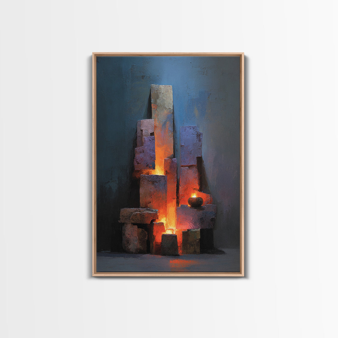 Glowing Brutalist Blocks And Candle Wall Art, Modern Abstract Art Print, Moody Blue Orange Decor, Industrial Home Office Poster