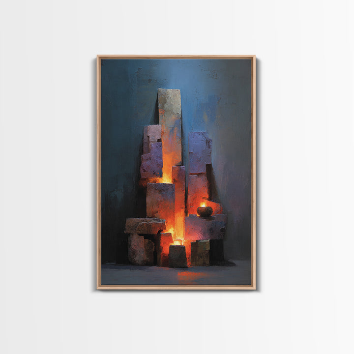 Glowing Brutalist Blocks And Candle Wall Art, Modern Abstract Art Print, Moody Blue Orange Decor, Industrial Home Office Poster