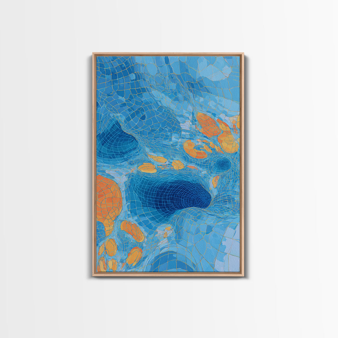 Blue Orange Warped Mosaic Grid Canvas Print, Modern Abstract Art, Op Art Wall Decor, Geometric Wall Art For Living Room Decor
