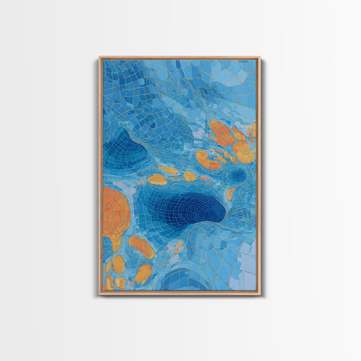 Blue Orange Warped Mosaic Grid Canvas Print, Modern Abstract Art, Op Art Wall Decor, Geometric Wall Art For Living Room Decor