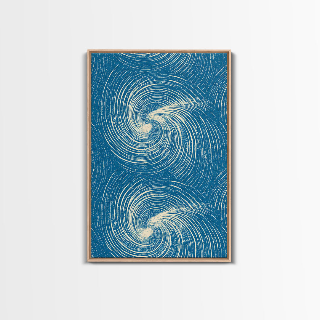 Teal Cream Double Spiral Wave Abstract Canvas Print, Retro Modern Wall Art, Coastal Geometric Poster, Blue Living Room Decor