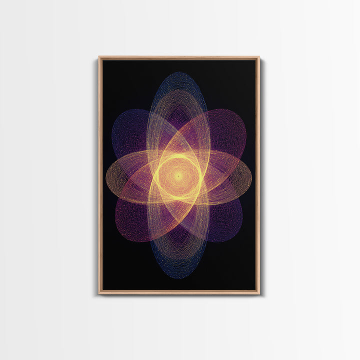 Radiant Purple Gold Atomic Flower Framed Canvas Print, Midcentury Modern Wall Art, Cosmic Geometric Art, Retro Decor Poster