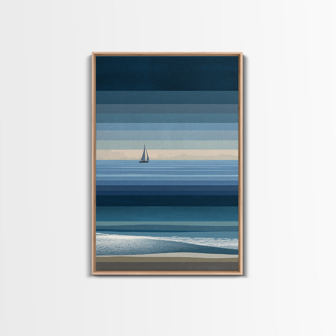 Minimal Blue Sailboat Seascape Wall Art, Coastal Landscape Art Print, Modern Wall Decor, Calm Ocean Nautical Home Decor Gift