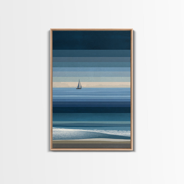 Minimal Blue Sailboat Seascape Wall Art, Coastal Landscape Art Print, Modern Wall Decor, Calm Ocean Nautical Home Decor Gift