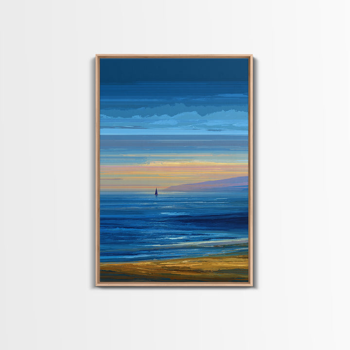 Blue Coastal Sunset Sailboat Framed Canvas Print, Ocean Beach Wall Art, Modern Landscape Art, Nautical Living Room Decor