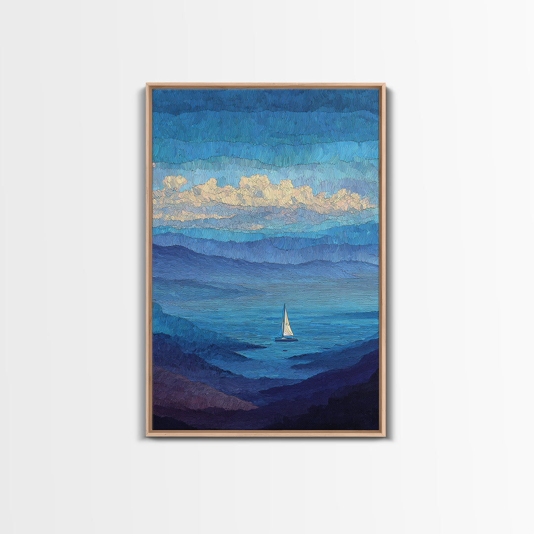 Textured Blue Mountain Lake Sailboat Wall Art, Scenic Coastal Landscape Print, Modern Home Decor, Peaceful Nature Artwork