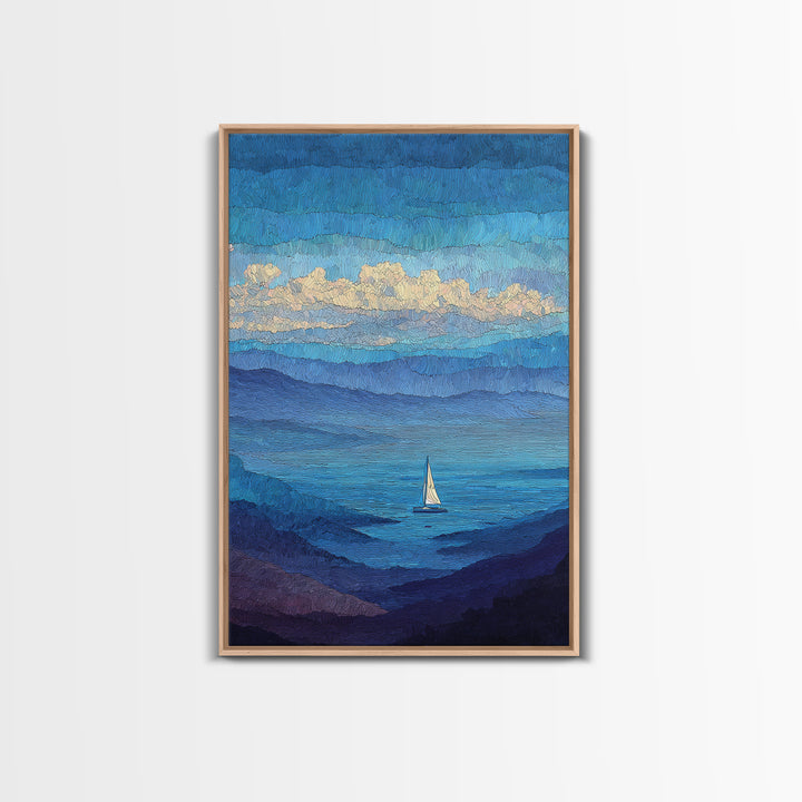 Textured Blue Mountain Lake Sailboat Wall Art, Scenic Coastal Landscape Print, Modern Home Decor, Peaceful Nature Artwork