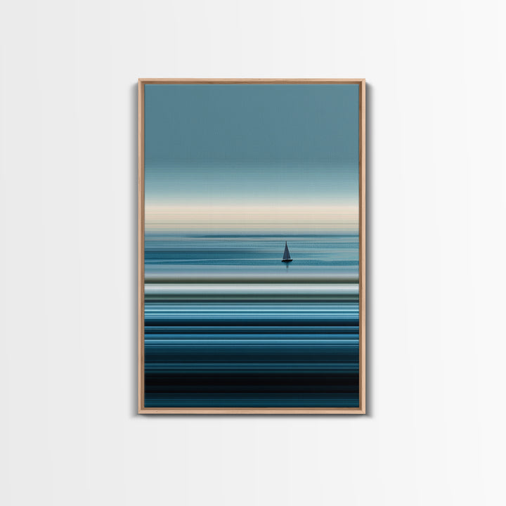 Minimalist Calm Sea Sailboat Canvas Print, Blue Horizontal Ocean Wall Art, Modern Coastal Decor, Serene Home Office Art Print