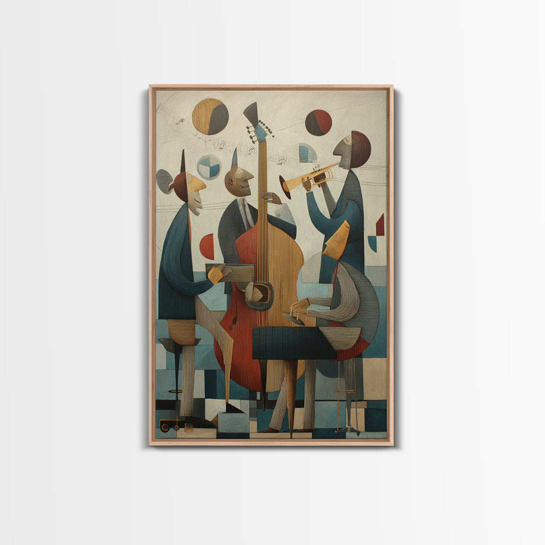 Cubist Jazz Trio With Upright Bass And Trumpet Wall Art, Midcentury Modern Art Print, Music Room Decor, Framed Canvas Print