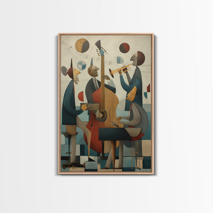 Cubist Jazz Trio With Upright Bass And Trumpet Wall Art, Midcentury Modern Art Print, Music Room Decor, Framed Canvas Print