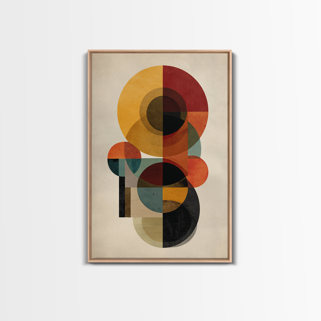 Ochre Red Teal Circle Abstract Framed Canvas Print, Midcentury Modern Wall Art, Geometric Bauhaus Home Decor Poster Print Gift