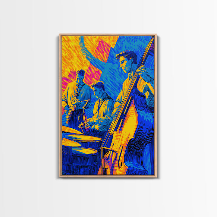 Neon Blue Yellow Jazz Trio Canvas Print, Bold Modern Wall Art, Colorful Music Poster, Midcentury Decor, Large Art Print Gift