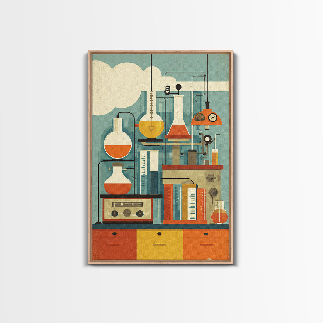 Midcentury Science Lab Beakers Canvas Print, Retro Chemistry Wall Art, Atomic Modern Decor, Office Poster, Orange MCM Art