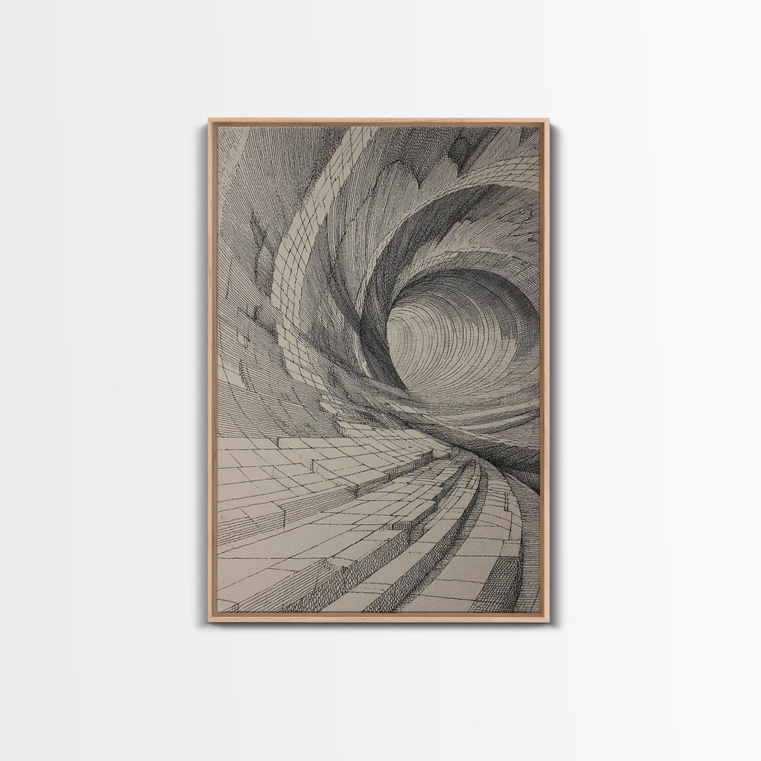 Architectural Tunnel Perspective Canvas Print, Modern Abstract Wall Art, Black Beige Geometric Lines, Office Decor Gift Print
