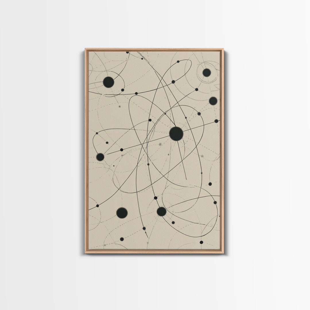 Beige Atomic Orbit Lines Canvas Print, Midcentury Modern Art Print, Geometric Wall Art, Retro Science Decor For Office Space