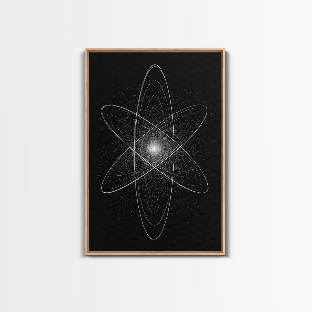 White Atomic Starburst On Black Framed Canvas Print, Modern Wall Art, Space Abstract Art, Science Poster For Home Office