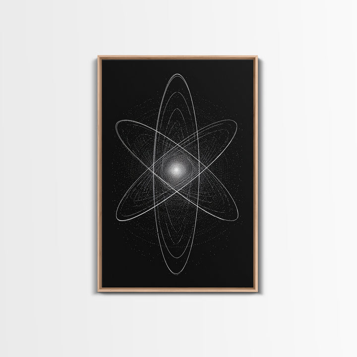 White Atomic Starburst On Black Framed Canvas Print, Modern Wall Art, Space Abstract Art, Science Poster For Home Office