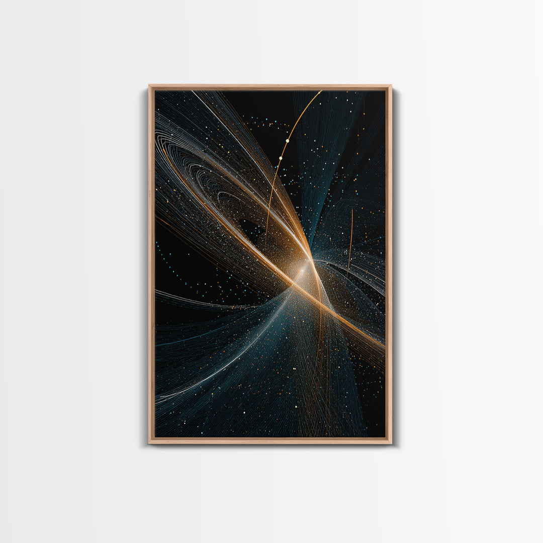 Gold And Blue Cosmic Light Trails Framed Canvas Print, Modern Abstract Wall Art, Space Decor, Large Sci Fi Retro Art Print