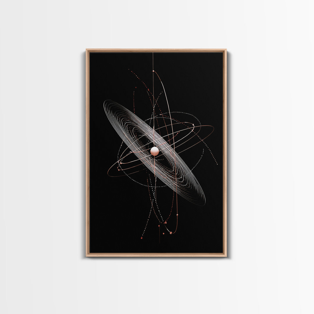 Black Ringed Planet Orbit Lines Canvas Print, Modern Geometric Wall Art, Atomic Retro Decor, Space Poster For Bedroom Decor