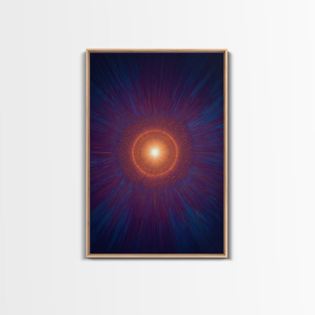 Radiant Orange Cosmic Halo With Blue Purple Rays Wall Art, Midcentury Modern Art, Abstract Space Poster, Mcm Wall Decor Print