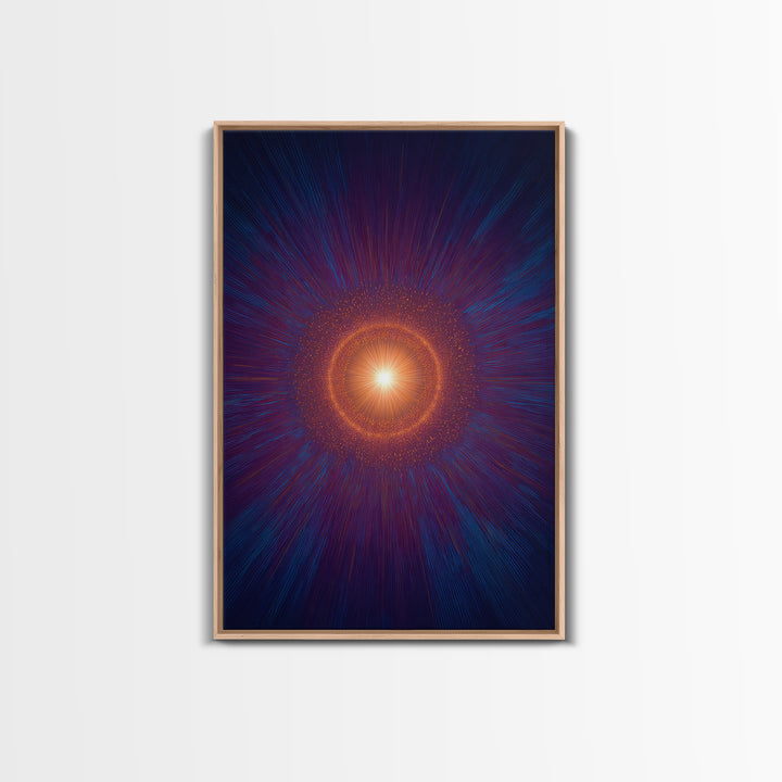 Radiant Orange Cosmic Halo With Blue Purple Rays Wall Art, Midcentury Modern Art, Abstract Space Poster, Mcm Wall Decor Print