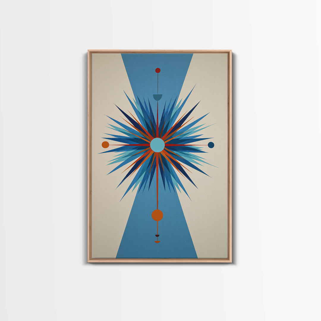 Blue Orange Atomic Starburst On Beige Canvas Print, Midcentury Modern Art, Geometric Wall Art, Retro Mcm Home Decor, 50s Art Print