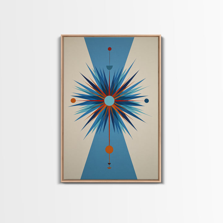 Blue Orange Atomic Starburst On Beige Canvas Print, Midcentury Modern Art, Geometric Wall Art, Retro Mcm Home Decor, 50s Art Print