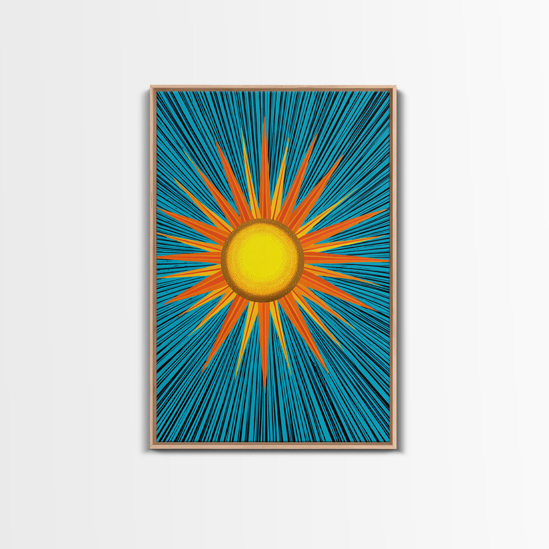 Bright Yellow Sunburst With Turquoise Rays Wall Art, Midcentury Sun, Modern Abstract Art, Retro Pop Art Poster Print, Living Room Decor