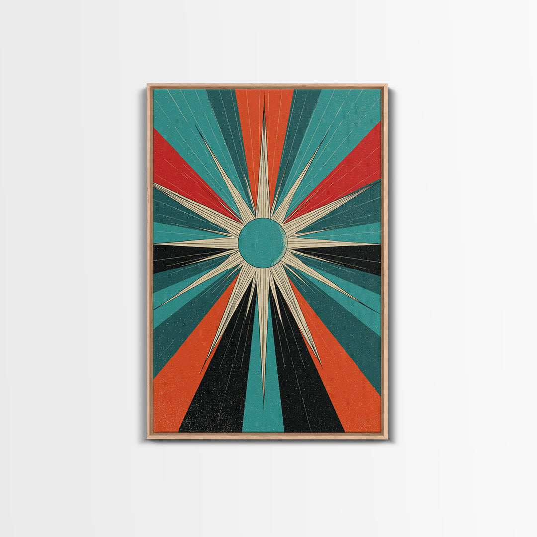Teal Orange Retro Compass Starburst Framed Canvas Print, Midcentury Wall Art, Geometric Abstract, Atomic Mcm Wall Decor Print