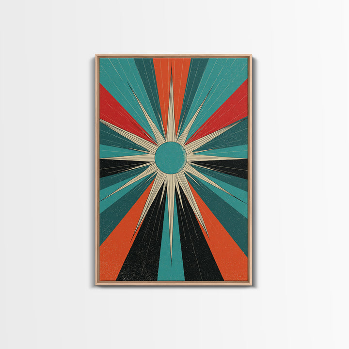 Teal Orange Retro Compass Starburst Framed Canvas Print, Midcentury Wall Art, Geometric Abstract, Atomic Mcm Wall Decor Print