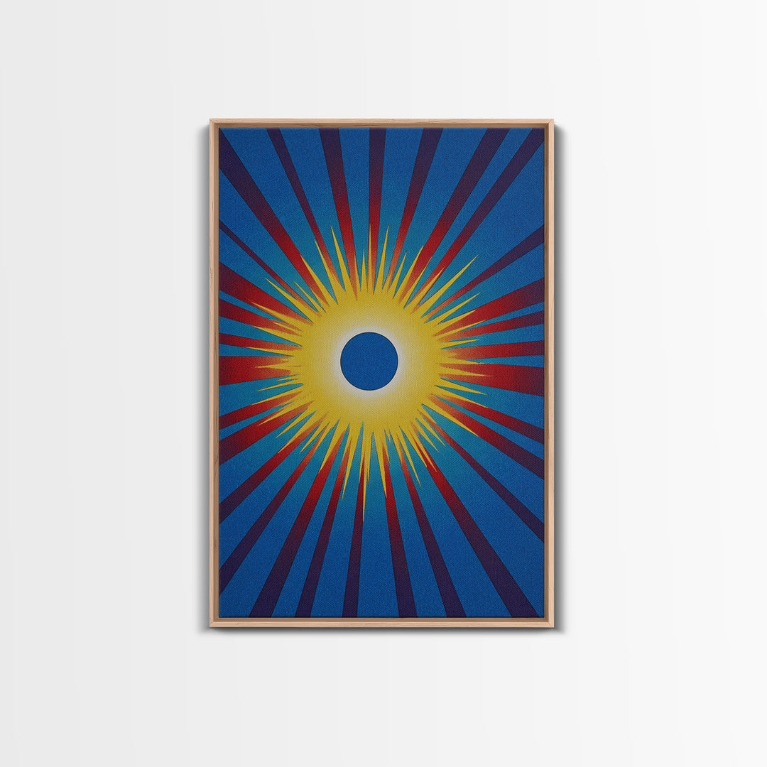 Blue Eclipse Sun With Yellow Burst Wall Art, Midcentury Modern, Space Abstract Art, Retro Poster, Bold Mcm Wall Decor Print