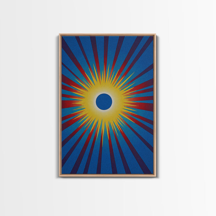 Blue Eclipse Sun With Yellow Burst Wall Art, Midcentury Modern, Space Abstract Art, Retro Poster, Bold Mcm Wall Decor Print