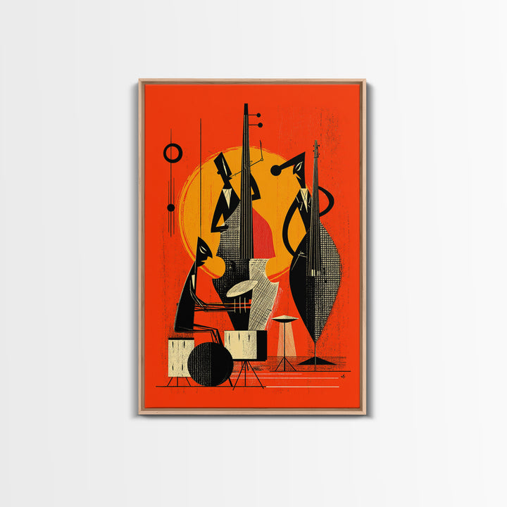 Orange Midcentury Jazz Musicians, Canvas Print, Mid Century Modern Wall Decor, Atomic Abstract Art Poster, Bold Mcm Artwork