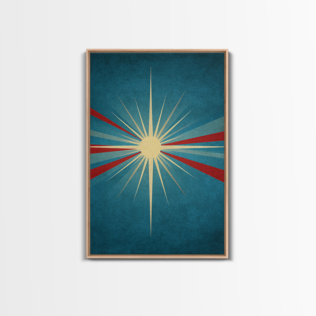Minimal Teal Starburst With Red Rays Canvas Print, Midcentury Modern Wall Art, Atomic Retro Poster, Mcm Home Decor Print