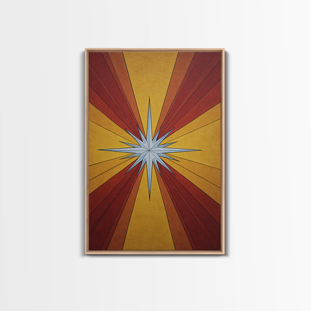 Red Gold Compass Star Canvas Print, Midcentury Modern Art, Atomic Retro Poster, Geometric Wall Decor, 1960s MCM Print Gift