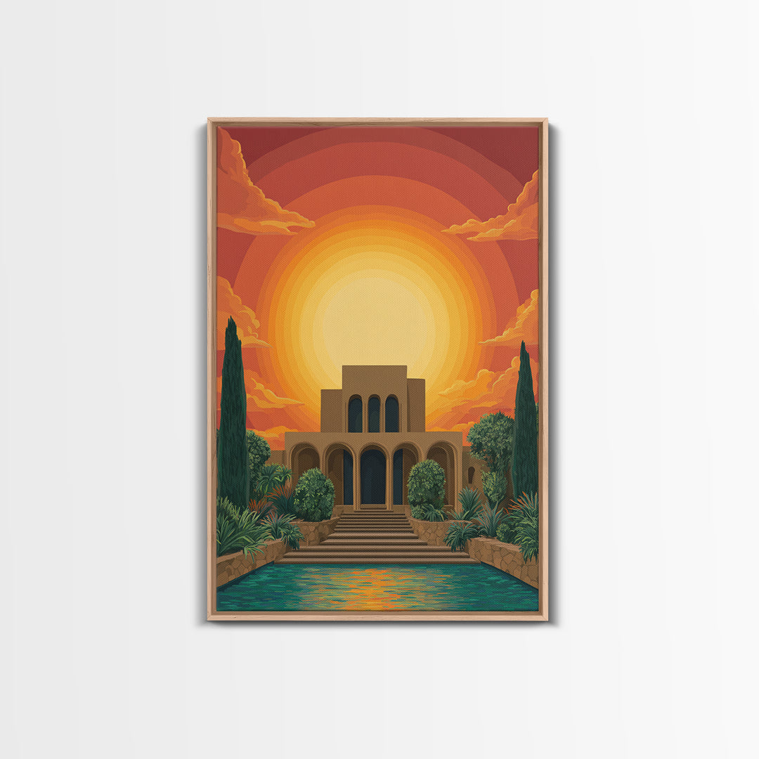 Art Deco Villa Sunset Canvas Print, Midcentury Modern Wall Art, Orange Sun Poster, Tropical Garden Living Room Decor Print