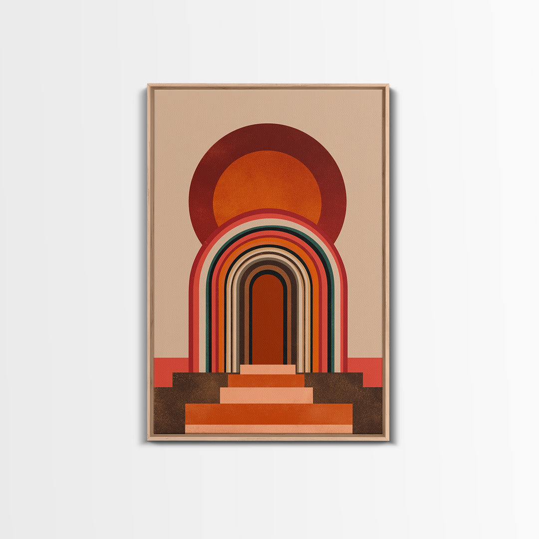 Layered Rainbow Arch Doorway Wall Art, Midcentury Abstract Poster, Geometric Wall Decor, 70s Art Print, Warm Orange MCM Style